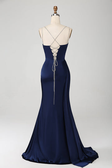 Navy Mermaid Spaghetti Straps Pleated Corset Long Ball Dress wth Slit